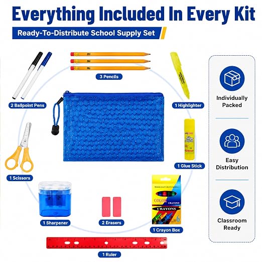 12 Pack Bulk School Supplies Kit, Individually Packed Classroom Essentials for Donation Drives, Outreach Programs, Community Events and Christmas Shoebox Packing