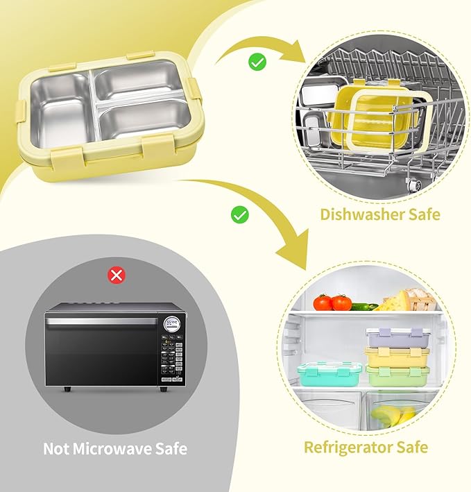 Stainless Steel Lunch Box Kids, 3 Compartments Leak Proof Metal Bento Box, Snack Containers with Condiment Cup, Food Storage Containers With Utensils and Small Cleaning Brush Set, Yellow