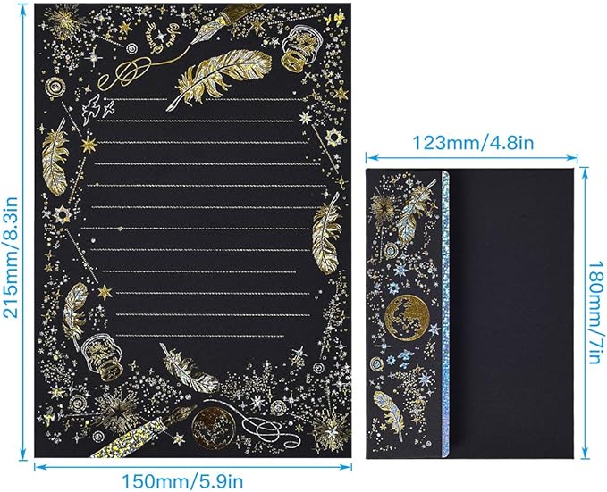 A5 Small Gold Foil Lined Stationary Paper and Envelopes Set,16 Sheets Black White Feather Lined Letter Writing Paper Cute Stationery Paper Set,Writing Printer Paper Decorative Paper