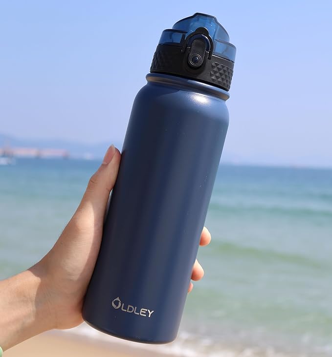 Oldley Insulated Water Bottle 20oz Water Bottles with Straw, Stainless Steel Water Bottle with 3 Lids, Double Wall Vacuum Bottels for Adults Kids,Leak-Proof Sport Bottles for School Travel, Navy Blue