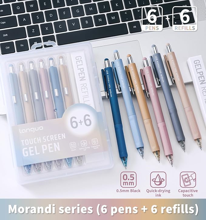 Gel Pens, 0.5mm Quick Dry Black Ink Pens Fine Point Smooth Writing Pens | 3-in-1 Stylus Retractable Gel Pen with Stylus tip, Cute Office School Supplies Gifts for Women Men (6 gel pens + 6 refills)