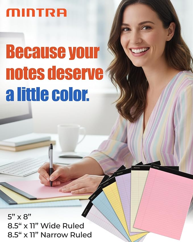 Mintra Office Colorful Legal Pads - Includes 2 Blue, 2 Pink, and, 2 Green Writing Pads, Micro Perforated Lined Sheets, Ideal for Professional & Personal Use, 8.5"x11" Wide Ruled, 6 pack Pastel Set 2