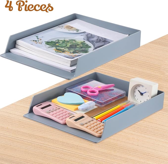 Wenqik 4 Pcs Stackable Paper Trays Rectangular Plastic Desk Holder Desktop Document File Organizer Storage Letter for Office Classroom (Gray)