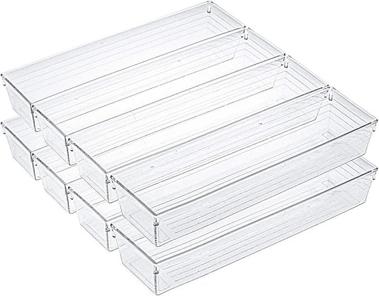 Kingrol 10 Pack 12 x 3 x 2 Inch Clear Drawer Organizer Trays, Desk Drawer Divider Storage Bins, Storage Box Set for Kitchen Bathroom Office Supplies