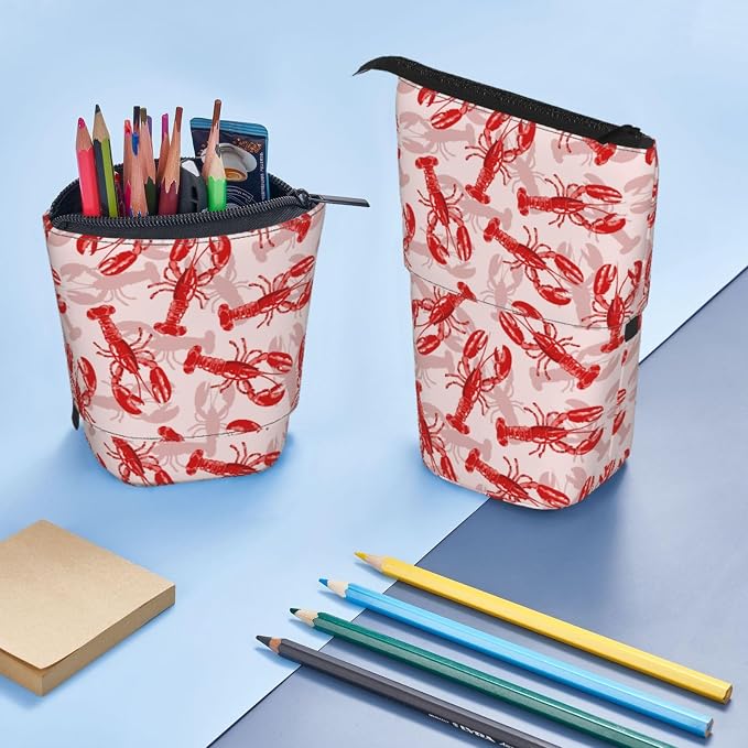 Red Crawfish Standing Pencil Case Cute Telescopic Stationary Pouch with Zipper Large Capacity Stand up Pen Bag Portable Makeup Holder for School Office Supplies