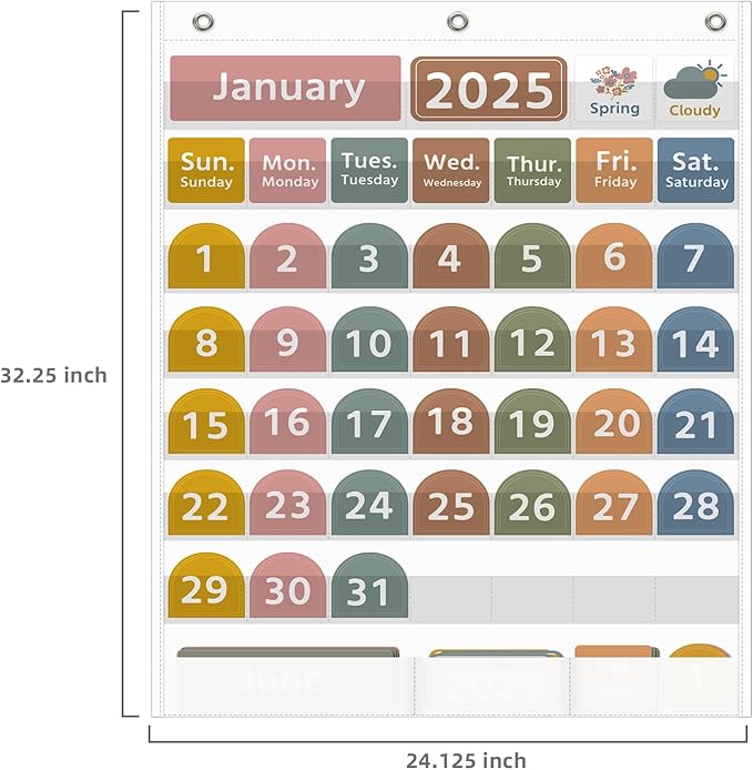 REGELETO Large White Calendar Pocket Chart with Boho 96 Cards for Classroom, Size:32.25 x 24.13 inch Monthly Calendar and Weather Pocket Chart for Students Learning for Home or School(White)
