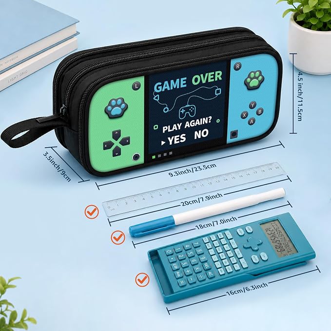 Game Controller Pencil Case for Boys Kids Teens, Large Capacity Pencil Pouch with 3 Compartments, 7 Pockets and Label Pocket for School College Office Travel (Green & Blue)