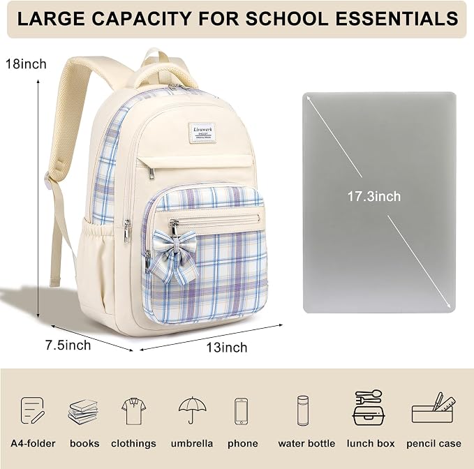 School Backpack for Teen Girls: Cute Bookbags Middle High School College Casual Back Pack 17.3 inch Laptop Backpacks Vintage Bags Women Travel Daypacks Mochilas Escolares Beige
