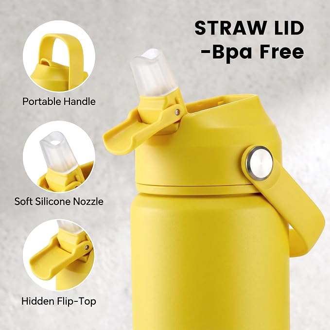 Fijinhom 18oz Insulated Stainless Steel Water Bottle, Wide Mouth Double Wall Vacuum, Silicone Straw, Sweat & Leak Proof, BPA Free Insulated Water Flask for Travel, Keep Cold 24h Hot 12h, Yellow