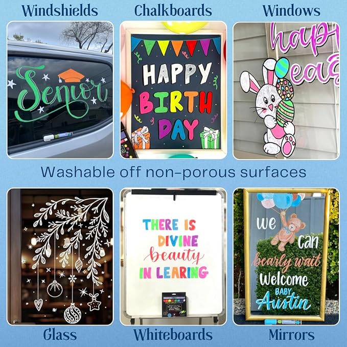 MoodClue Liquid chalk markers washable, erasable, dry or wet erase. 6 neon markers for whiteboards, glass boards, mirrors, chalkboards, windows, car windshields, glass. Non-toxic, reverse tip pens