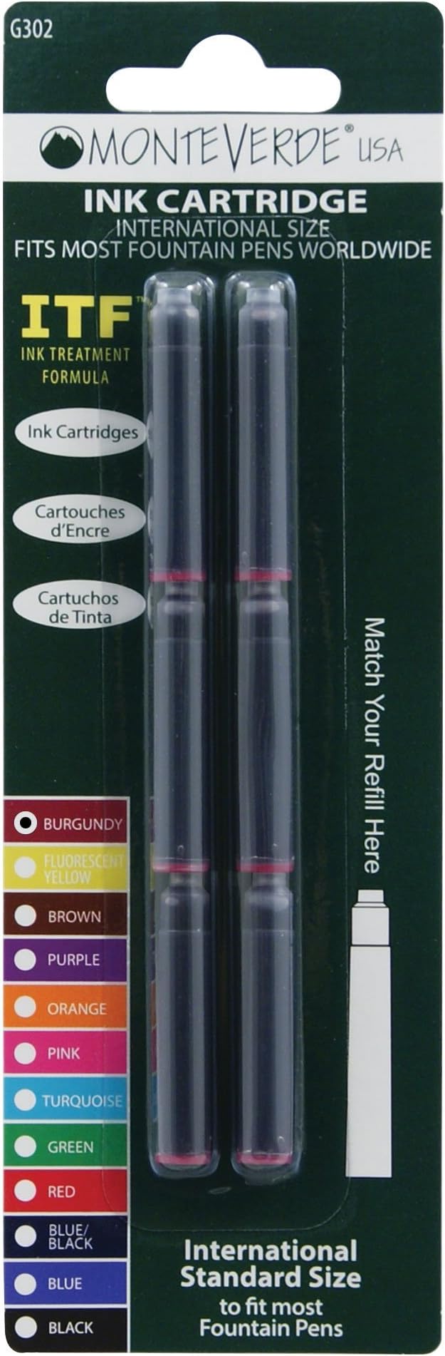 Monteverde Internatinal Size Cartridge to Fit Fountain Pens, Burgandy, 6 per Pack (G302BG)