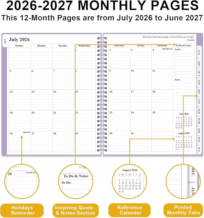 Planner 2026-2027 - Academic Planner from July 2026 to June 2027, Weekly & Monthly Planners Spiral Bound with 12-Month Tabs, Inner Pocket, 8.5" x 11", Purple