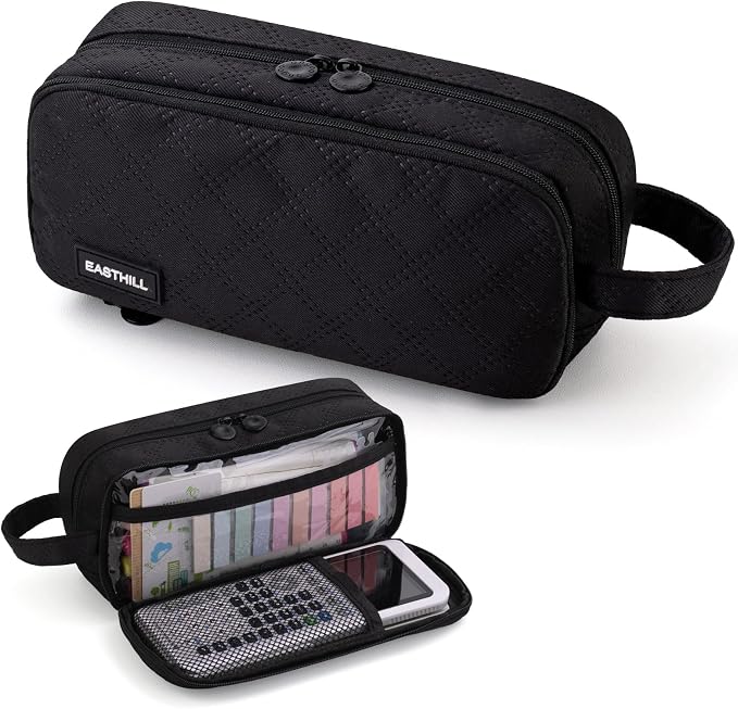 EASTHILL Large Capacity Pencil Case Cute Pencil Pouch with Handle Stationery Pen Bag for Teen Girls-Black