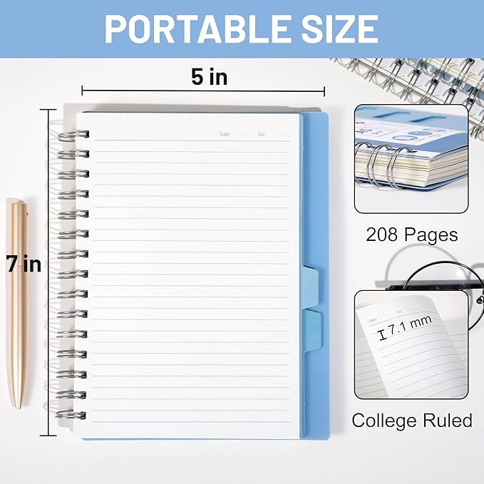 FLYING EAGLE Small 5 Subject Notebook College Ruled Spiral Notebook 5x7 with Dividers Tabs Waterproof Plastic Cover Thick Paper Notebooks for Work School, Blue