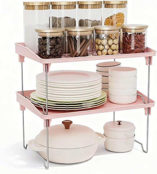STARLATTA 2 Pcs Cabinet Organizer Shelf，Stackable Kitchen Counter Shelves, Spice Rack,Countertop Organizers，Pink Plastic Storage Shelves Rack for Makeup，Bathroom, Cupboard，Desk，Pantry Organization