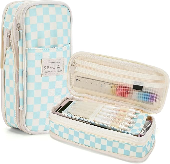 Bigmeta Gingham Expandable Pencil Case for Teens Girls - Light Blue | Zipper Gusset for Adjustable Capacity, Checkered Cute Pencil Pouch, Stationery Bag Box for Student Back to School Gifts