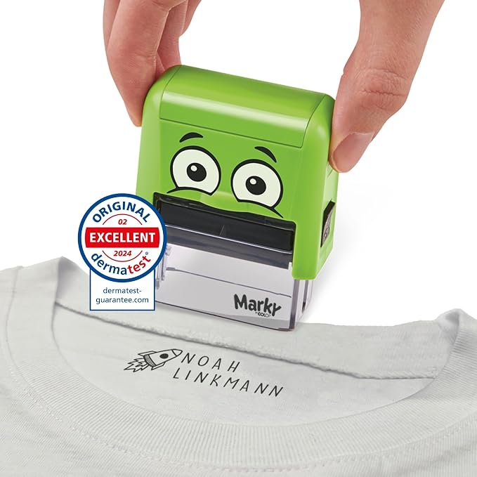 COLOP Marky Personalized Kids Name Stamp, Suitable for All Surfaces, Green | Permanent Waterproof Clothing & Fabric Labeling, Clothing Stamp For Kids, Schools, & Daycare, Includes Labels and Thermo Tape