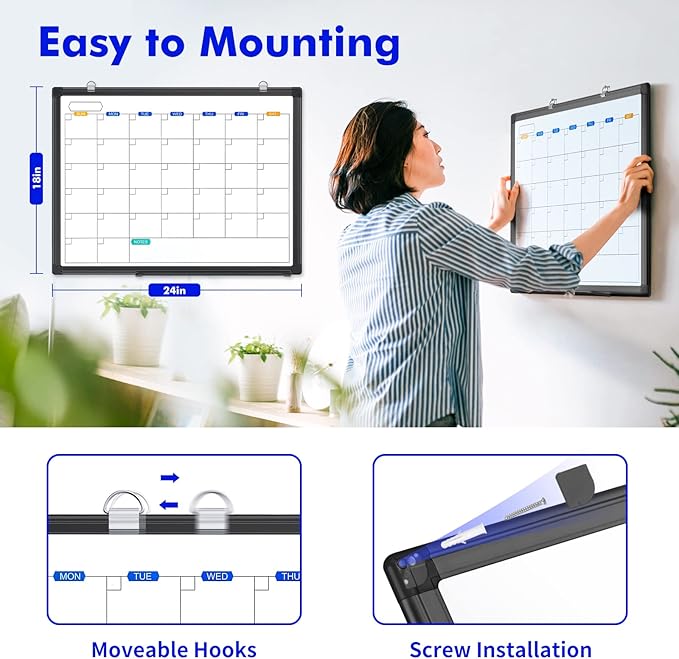 Dry Erase Calendar Whiteboard for Wall, 24" x 18" Magnetic Monthly White Board Calendar Dry Erase, Black Aluminum Frame with Tray for Home, School, Office
