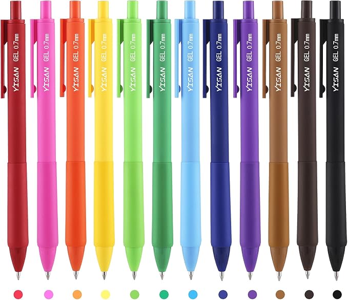 YISAN Colored Gel Pens,12 Pcs 0.7mm Fine Point Retractable Pens with Quick-Dry Ink - Smooth Writing for Journaling,Note Taking,Roller Ball Point,71082