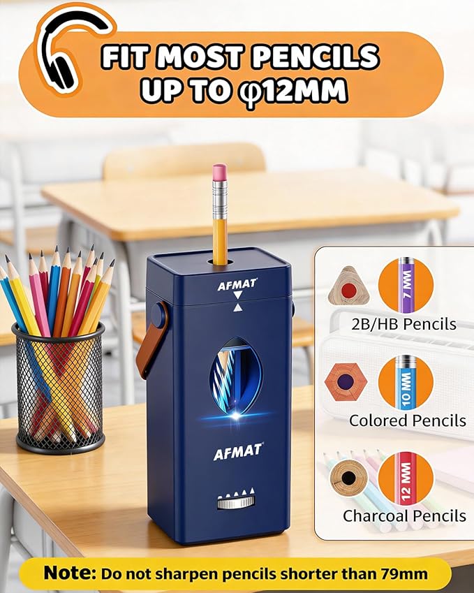 AFMAT Electric Pencil Sharpener, Rechargeable & Cordless, Fully Automatic Pencil Sharpener for Classroom, Auto in & Out, 5 Sharpness Modes, Heavy Duty Sharpeners for 6-12mm No.2/Jumbo Pencils PSC7