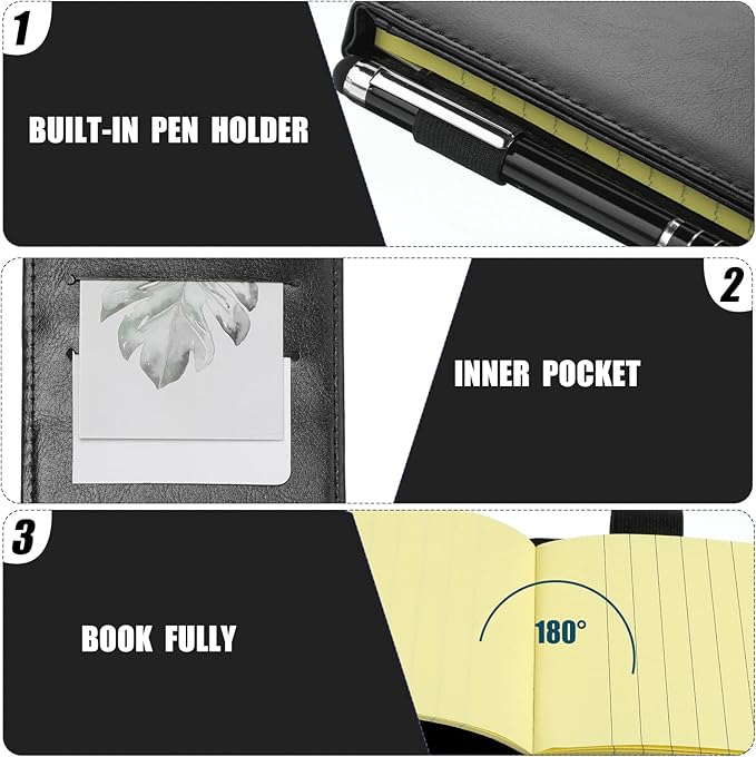 Outus 10 Pcs Mini Pocket Notepad Holder Set Included Small Leather Pocket Notebook Holder with 50 Lined Sheets, Metal Pen, 8 Pcs 3 x 5 Inch Memo Book Refills, 30 Lined Paper Per Note Pad(Black,Yellow)