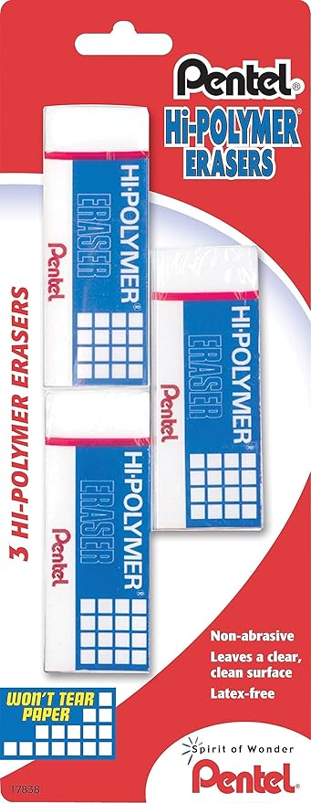 Pentel Hi-Polymer Block Eraser, Large, White, Pack of 3 (ZEH10BP3-K6)