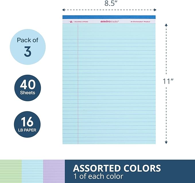 ROARING SPRING Enviroshades Assorted Colored Legal Pads, 3 Pack, Legal Ruled Recycled Writing Note Pads, 8.5" x 11", 40 Sheets, Perforated Paper, Made in USA, Memo Pad For School & Office
