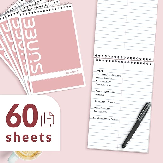 SUNEE 2 Pack Steno Pads 6x9, Gregg Rule, 60 Sheets, Spiral Notebook 6x9, White Paper, Take Notes with Top Spiral Notebook, for School, University, College, Work, Office, Pink