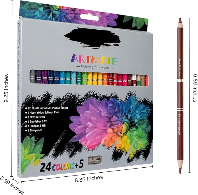 Dual Head Colored Pencils Set, 24 Colors + 5 Extra Pencils | Dual Hardness Drawing & Sketching Pencils| Metallic & Neon Colors, Blender & Burnisher | Art Supplies for Coloring Books (24 Pcs)