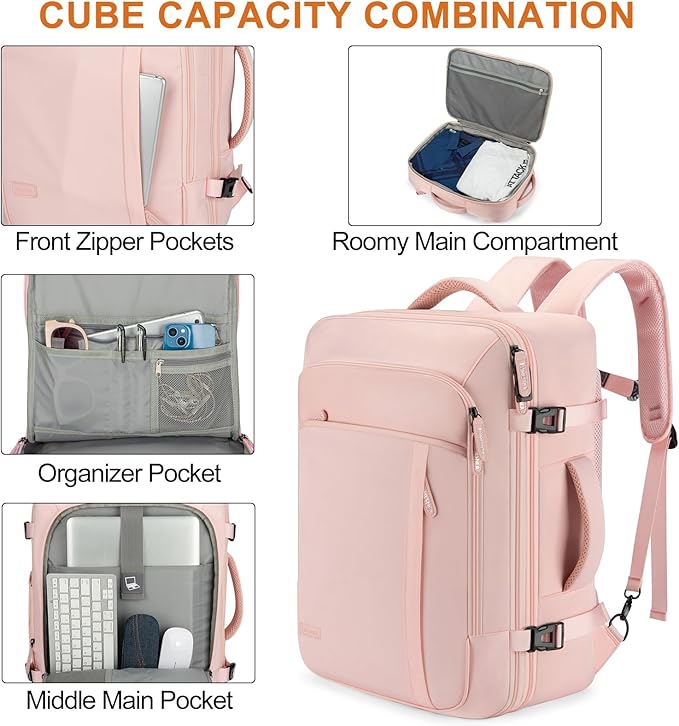 Lumesner Carry on Travel Backpacks, Extra Large 40L Flight Approved Bag for Men & Women,Expandable Suitcase Backpack With 4 Packing Cubes,Water Resistant Luggage Daypack Business Weekender Bag, Pink