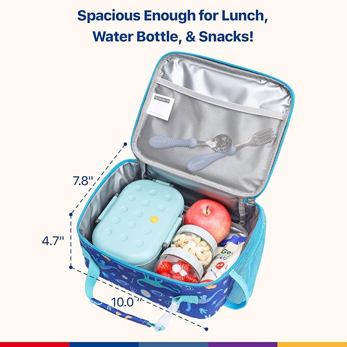 Bagseri Kids Lunch Bag Boys - Thermal Insulated Lunch Box Tote with Water Bottle Holder, Reusable Leak-Proof Kids Lunch Box for Daycare & School, Blue Dinosaur (Containers Not Included)