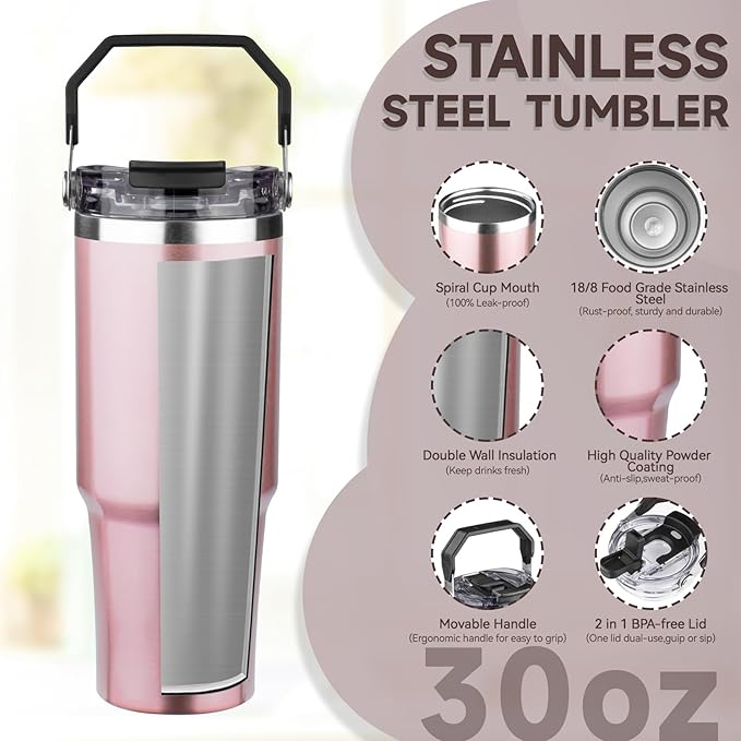 30oz Tumbler with Handle and Flip Straw Lid Double Wall Insulated Travel Coffee Mug Stainless Steel Vacuum Insulated Coffee Tumbler Cup for Hot and Cold Beverages,Leak-proof&BPA-free（30oz,Rose gold）