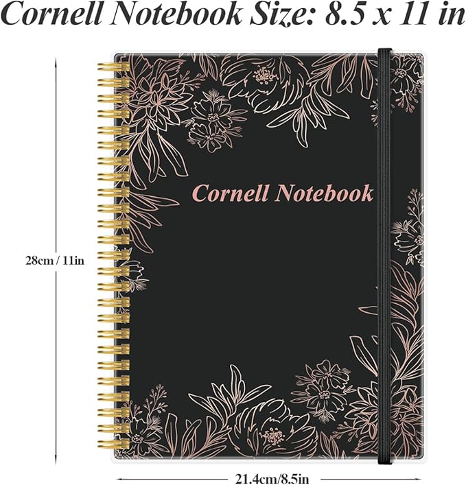 Yaridar A4 Cornell Notes Notebook - 8.5" x 11" College Spiral Cornell Notebooks for Note Taking, Subject College Ruled Steno Pads for Office School/Home, Black Flower