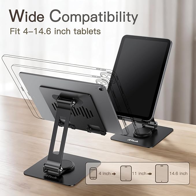 JETech Tablet Stand, Adjustable Swivel Desktop Holder with 360 Degree Rotating Base, Foldable Cradle for iPad/iPad Air/Pro/Mini, Galaxy Tab A11/A9/S11/S10 FE, Tab/Phones(4-13"), Black