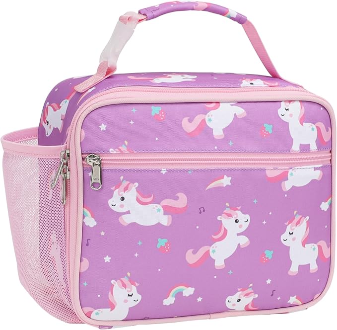 Bagseri Kids Lunch Bag Girls - Thermal Insulated Lunch Box Tote with Water Bottle Holder, Reusable Leak-Proof Kids Lunch Box for Daycare & School, Purple Cute Unicorn (Containers Not Included)
