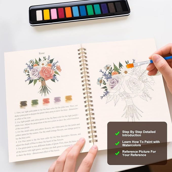 Metyond Watercolor Workbook - Watercolor Coloring Book with 1 Workbook 12 Colors Paint Set with Brush, Beginner Friendly Watercolor Workbooks Set Gift for Adults Teens (Bouquet)