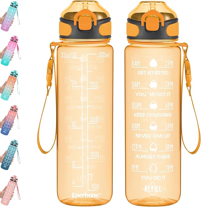 Enerbone 32 oz Water Bottle with Times to Drink and Straw, Motivational Drinking Water Bottles with Carrying Strap, Leakproof BPA & Toxic Free, Ensure You Drink Enough Water for Fitness Gym Outdoor