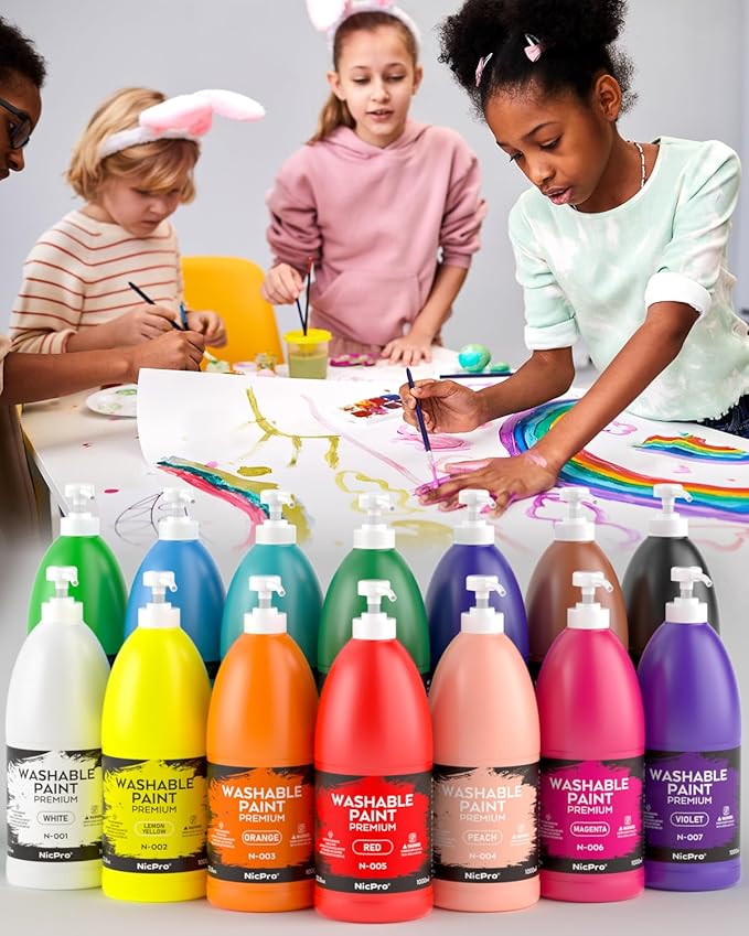 Nicpro 14 Colors Large Washable Paint Set (33.8 oz), Acrylic Bulk Paint Supplies Non Toxic Children Tempera Paint for Art, Craft DIY, Poster & Finger Paint, School, Home,Teacher Classroom Must Haves