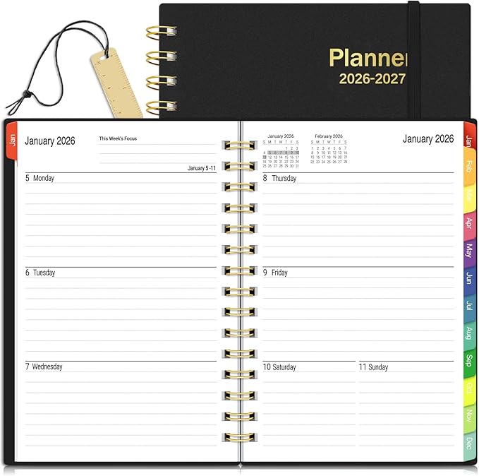 Daily Planner 2026-2027, 18 Month Planner with Tabs, January 2026 - June 2027 Weekly and Monthly Agenda Year Calendar Spiral Time Management, 100GSM Thick Paper, Twin-Wire Binding, A5 Size, Black
