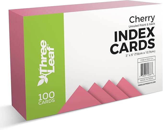 THREE LEAF 3 X 5, INDEX CARDS UNRULED, 100 CT. CHERRY, Blank Flash Cards, Study Card, Memo Pad, For To-Do List, Art And Craft Projects