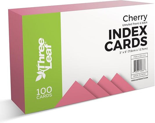 THREE LEAF 3 X 5, INDEX CARDS UNRULED, 100 CT. CHERRY, Blank Flash Cards, Study Card, Memo Pad, For To-Do List, Art And Craft Projects