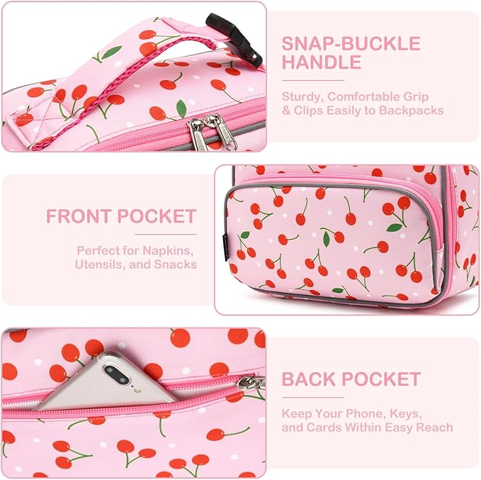 FlowFly Kids Lunch box Insulated Soft Bag Mini Cooler Back to School Thermal Meal Tote Kit for Girls, Boys,Cherry