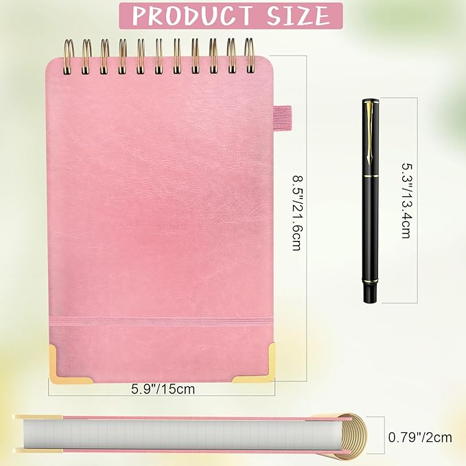 A5 Top Spiral Notebook, Large Leather Hardcover Top Bound Steno Pads, 240 Pages 100 gsm Thick Lined Paper Left Handed Notebook Journal for Work, School, Meeting Writing - Pink, 5.9" x 8.5"