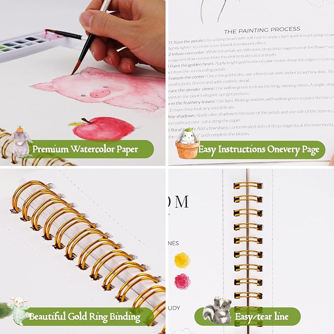 Watercolor Workbook for Beginners,18 Whimsical Farm Animal Water Coloring Book,Relaxing & Easy to Paint Water Coloring Book with 24 Colors-Perfect for Gifting to Creativity & Joy for Adults