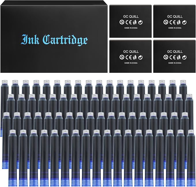 Fountain Pen Ink Cartridges, 72 Pack Blue Ink Refills (4 Boxes of 18) - Bore Diameter 3.4mm (Blue)
