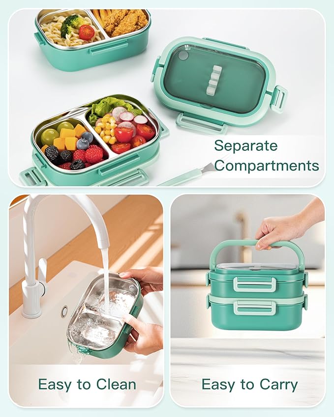 Lille Home Stackable Lunch Box, 2 Tier Stainless Steel Bento Lunch Box, 56oz Large Capacity Leakproof Lunch Containers, 4-Compartment Lunch Box with Utensils for Meal Prep, Work, Picnic(Green)