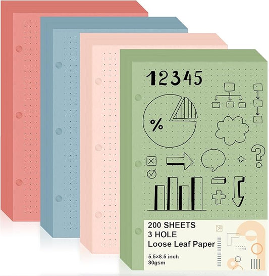 200 Sheets 5.5 X 8.5 Inch Half Letter 3 Hole Notebook Dot Grid Paper Loose Leaf Paper for Mini Binder Colored Dotted Graph Paper Bulk Dotted Paper Refills for Planner Inserts for School Office