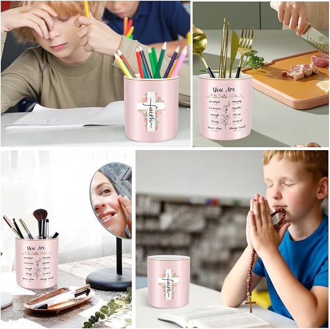 Ceramic Pen Holder for Desk Cute, Pencil Holder Cup, Makeup Brush Holder Pink, Multi-Functional Organizer for Office, Religious Style