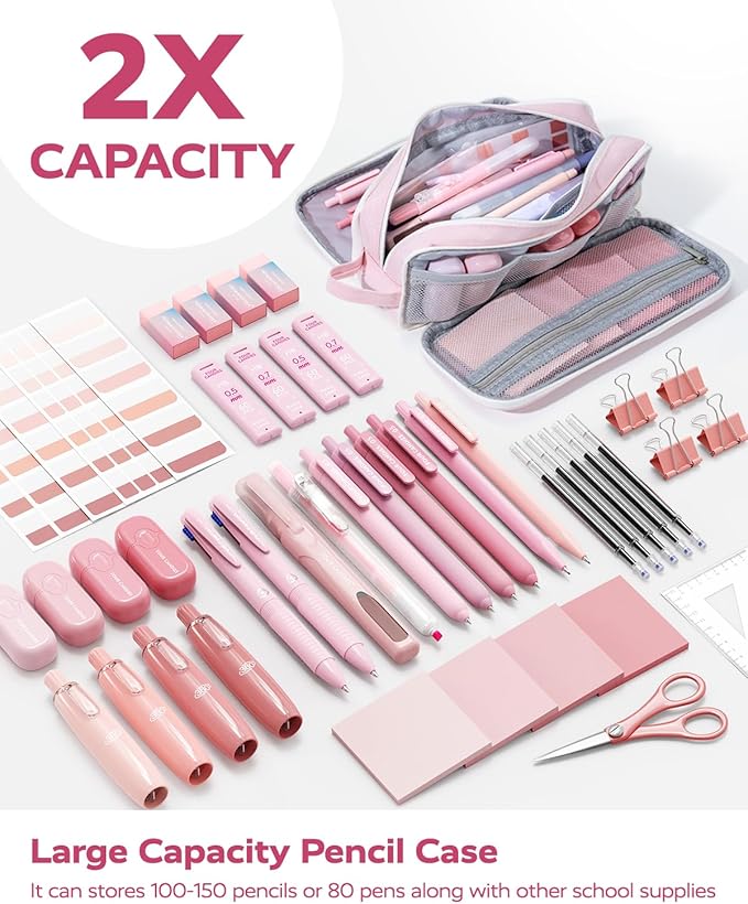 Four Candies Pink School Supplies with Case, Gel Pens with Black Ink, Correction Tapes, Pastel Highlighters, Mechanical Pencils, Sticky Notes, Index Post for Bible Study Stationary College Essentials