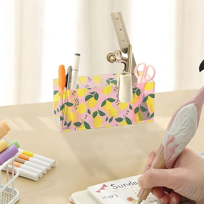 Aslsiy Lemon Fruit (2) Pen Holder for Women 4 Compartments Acrylic Pencil Holder Clear Makeup Brush Holder Desk Organizer Office Supplies